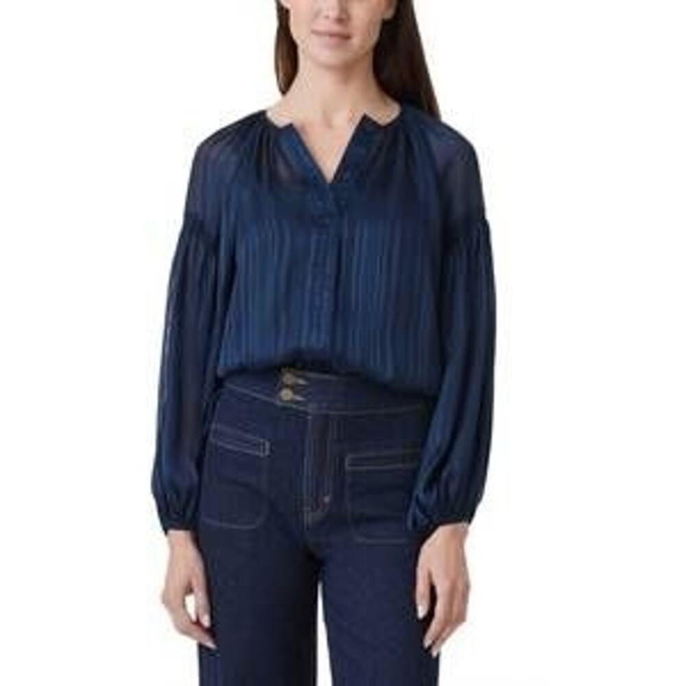 Habitual Navy Sheer Striped Button Down Blouse Balloon Sleeve Top